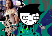 a cartoon of a man holding a stuffed animal with a green frog on it