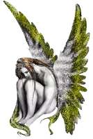 a drawing of a naked angel with yellow wings on a white background