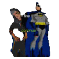 a cartoon of a man standing next to a batman in a blue cape .