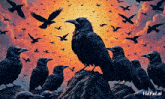 a painting of a flock of black birds with the words vidful.ai below them