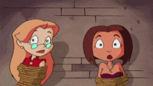 a cartoon of two women tied up with ropes