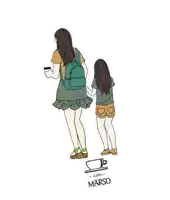 a drawing of a woman holding a child 's hand with the words cafe marso on the bottom right