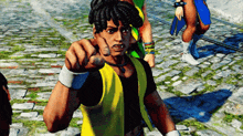 a man in a yellow vest is pointing with his finger
