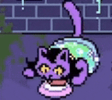 a pixel art of a purple cat eating a donut .