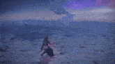 a person in a video game is standing in the middle of a field with a purple sky in the background