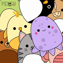 a group of stuffed animals with the word pengu on the bottom right