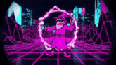 a cartoon character in a purple robe is standing in front of a neon city with a circle of light surrounding him .