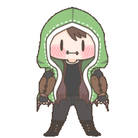 a cartoon drawing of a person with a hood and a t on their face