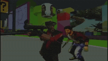 a man holding a gun in front of a sign that says " l "