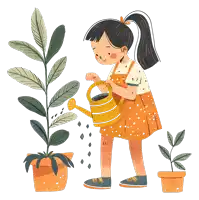 an illustration of a girl watering potted plants