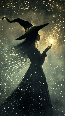 a woman in a witch hat is holding a light in her hand