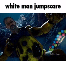 a man is holding a turtle in a video game and the caption says white man jumpscare .