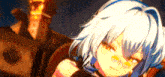a close up of a girl with white hair and glasses looking at the camera