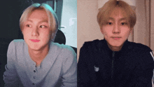 a young man with blonde hair is wearing a blue sweater and a black jacket .