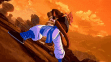 a cartoon character is climbing up a hill with a red sky in the background