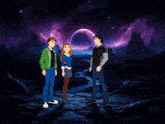 three cartoon characters standing in front of a purple background