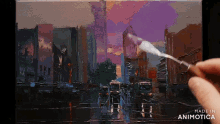 a painting of a city skyline is being made by animatica