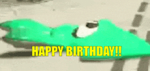 a green frog is laying on the ground with the words `` happy birthday '' written in yellow letters .