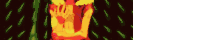 a painting of a person standing in a forest with a red and yellow flame coming out of them .