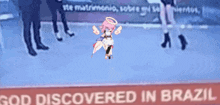 a sign that says god discovered in brazil with a cartoon character on it