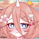 a girl with pink hair has a crown on her head and a flower in her hair