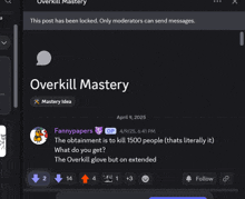 a screenshot of the overkill mastery page on a computer