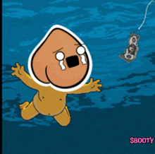 a cartoon character is swimming in the water with a dollar bill hanging from a hook