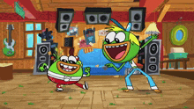 two cartoon characters are dancing in a room with speakers and a sign that says chase on it