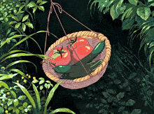 a basket filled with tomatoes and cucumbers hangs from a tree