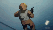 a cartoon character is holding a gun and says sunrise on the bottom right