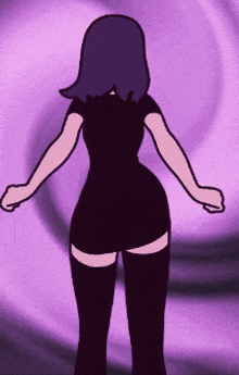 a cartoon drawing of a woman with purple hair and a purple background