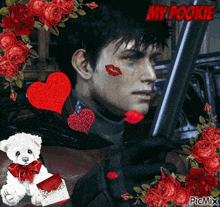 a picture of a man holding a gun with roses and hearts around him and the caption my pookie