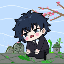 a cartoon drawing of a boy in a suit crying in front of a tombstone