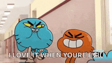 gumball and darwin from the amazing world of gumball are standing next to each other and talking .