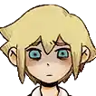 a cartoon character with blonde hair and blue eyes is looking at the camera .