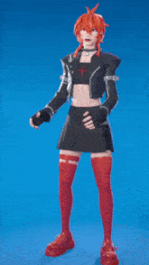 a girl with red hair is wearing a black top and red thigh highs