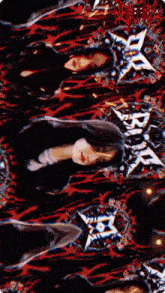 a woman 's face is surrounded by a pattern of red and black stars