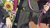 a close up of a person holding flowers with the number 451 on the belt