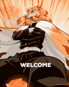 a cartoon of a man with a cape and the words welcome on the bottom
