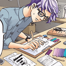 a cartoon drawing of a man with purple hair writing on a piece of paper that says " felizmente cuidado con "