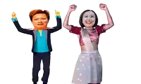 a man and a woman with their arms up in the air