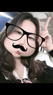 a girl wearing glasses and a fake mustache