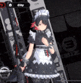 a girl in a maid outfit is holding a gun and the word city is above her head