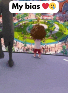 a girl standing in front of a sign that says ' my bias '