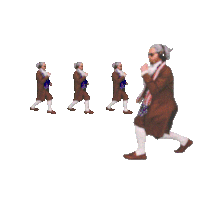 a man in a brown coat and white socks is walking in a line