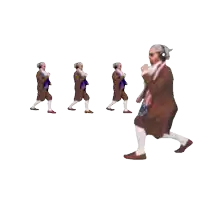 a man in a brown coat and white socks is walking in a line