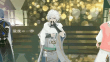 a man with white hair is holding a microphone in front of a clock tower