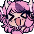 a cartoon of a girl with horns and pink hair holding a light stick .