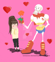 a cartoon of a skeleton giving a flower to a girl