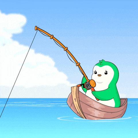 a cartoon of a penguin in a boat holding a fishing rod